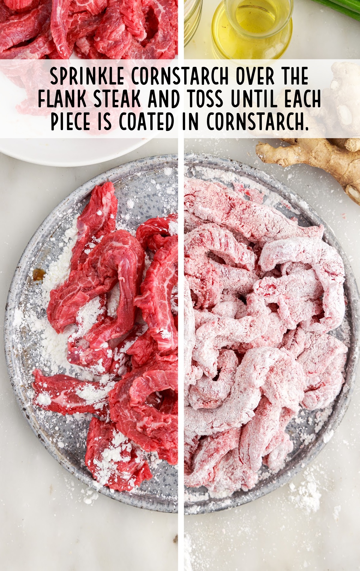 cornstarch sprinkled over the flank steaks