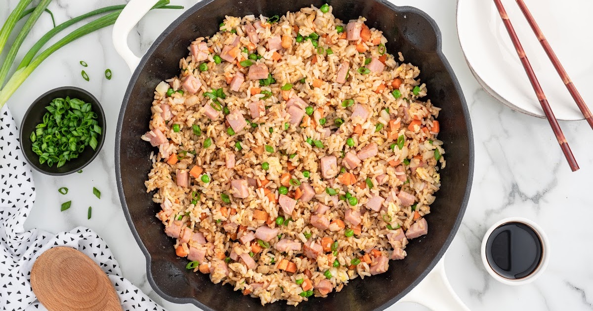 a plate of ham fried rice