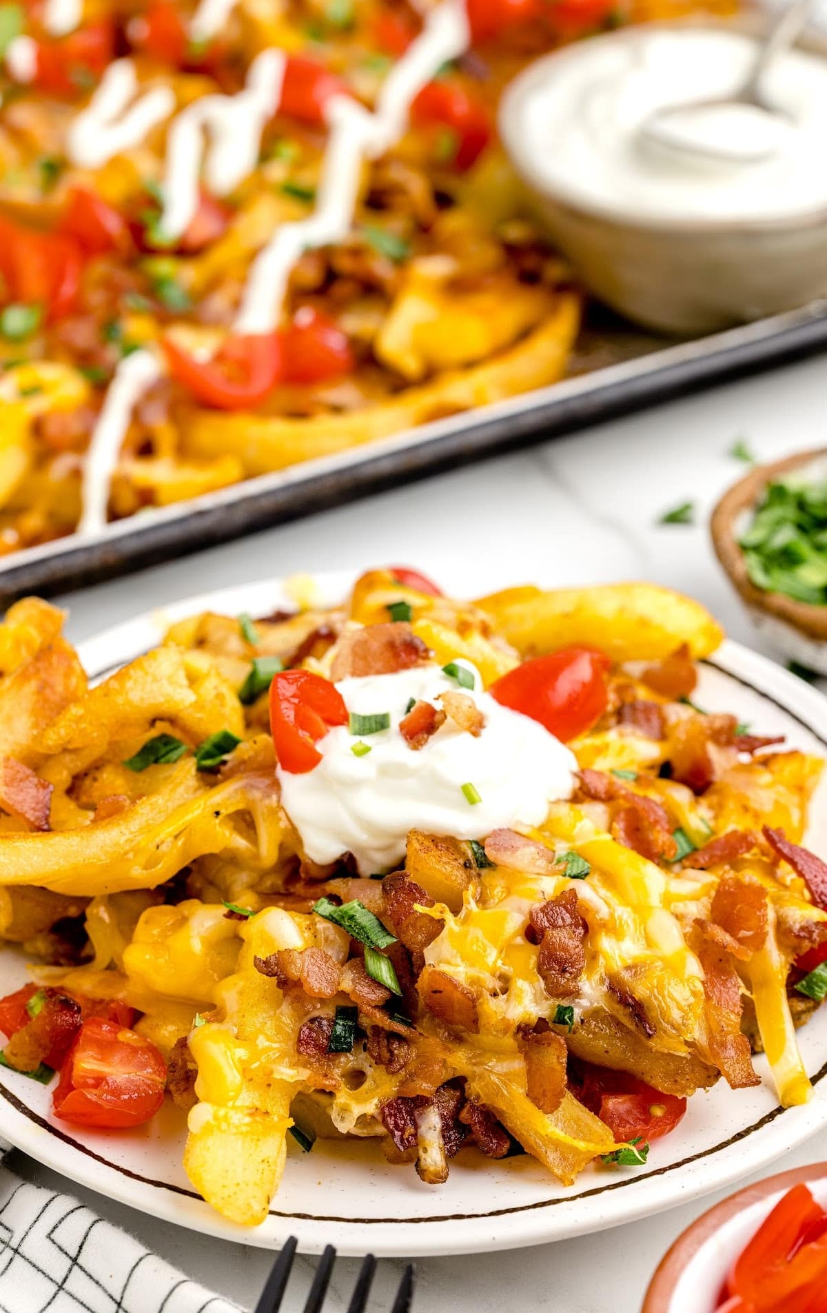 close up overhead shot of a aluminum foil of Dirty Fries topped with cheese then garnished with bacon bits and green onions