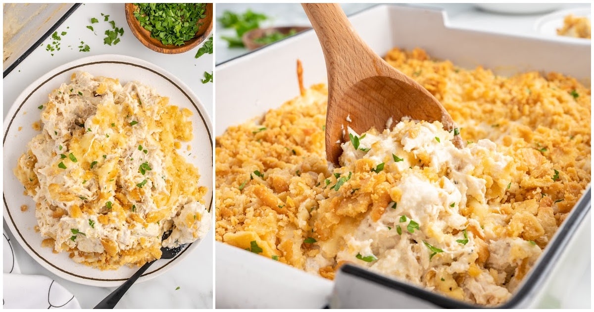 overhead shot of Corn Casserole on a baking dish with a spoon taking out a piece