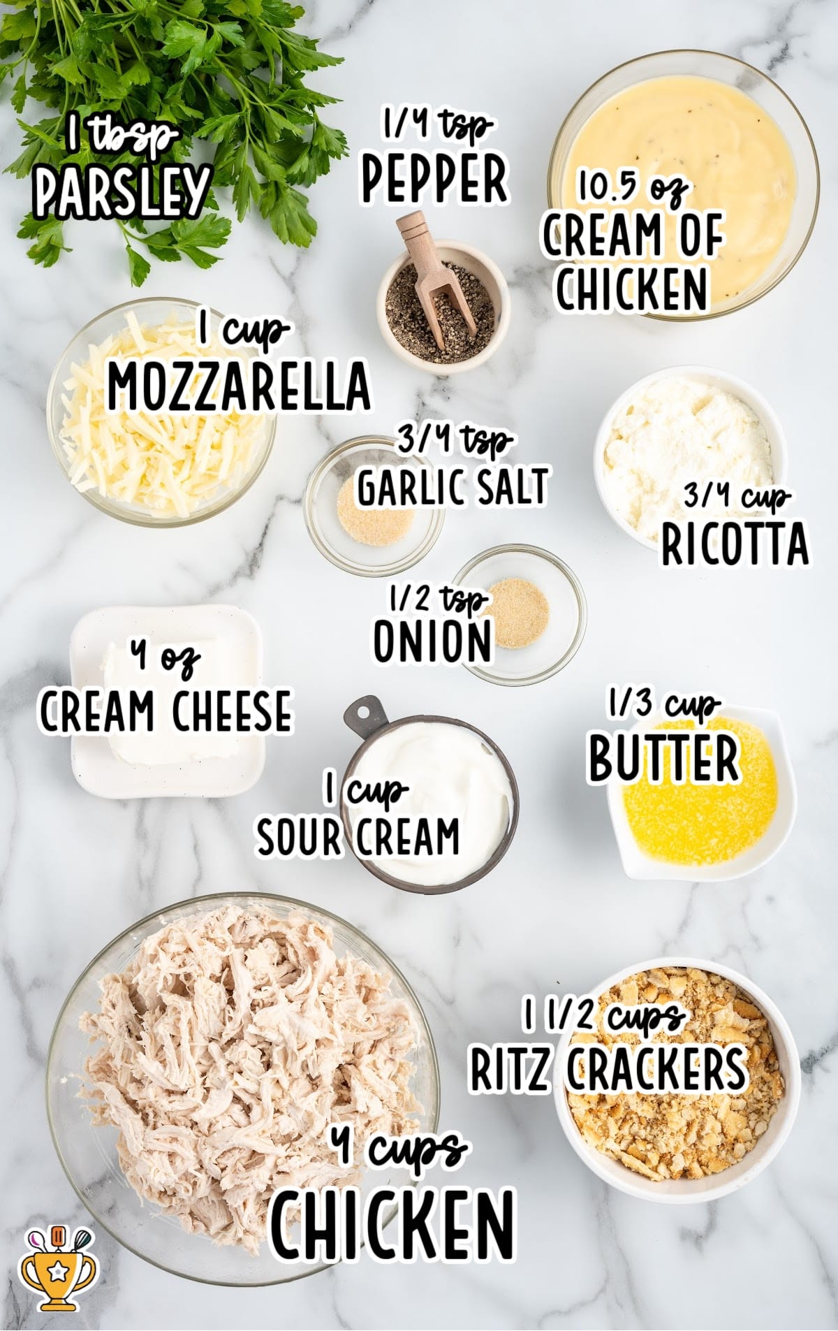 Million Dollar Chicken Casserole raw ingredients that are labeled