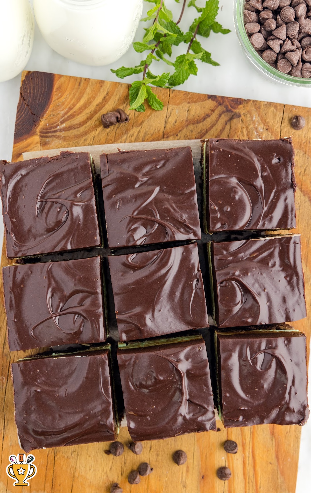 close up shot sliced of Mint Chocolate Brownies on a cutting board