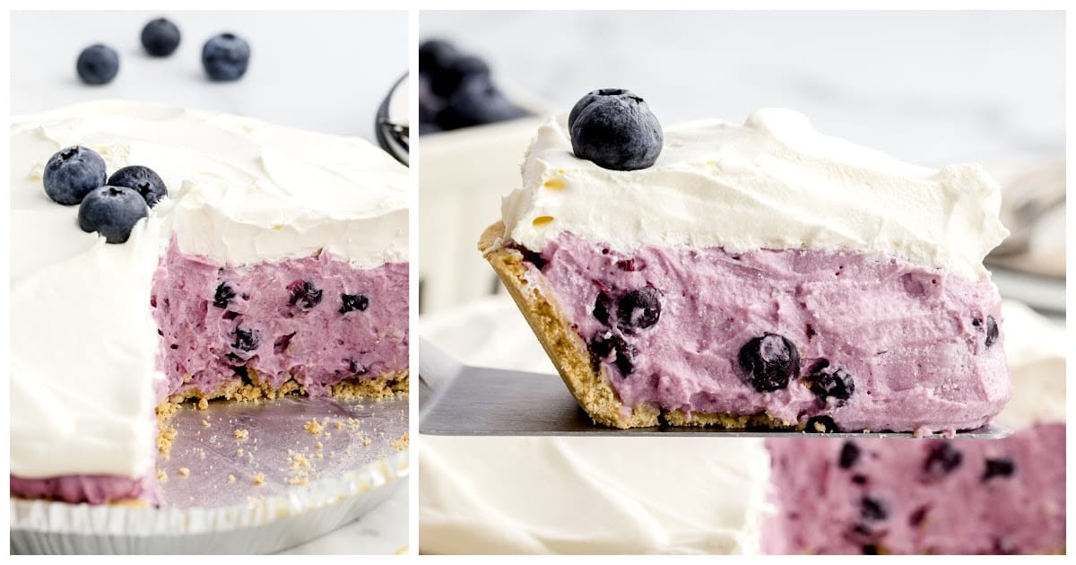 overhead shot of a No Bake Blueberry Pie with slices taken out