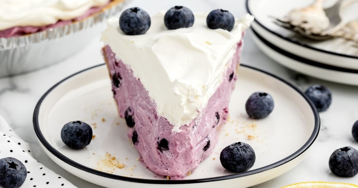 overhead shot of a No Bake Blueberry Pie with slices taken out