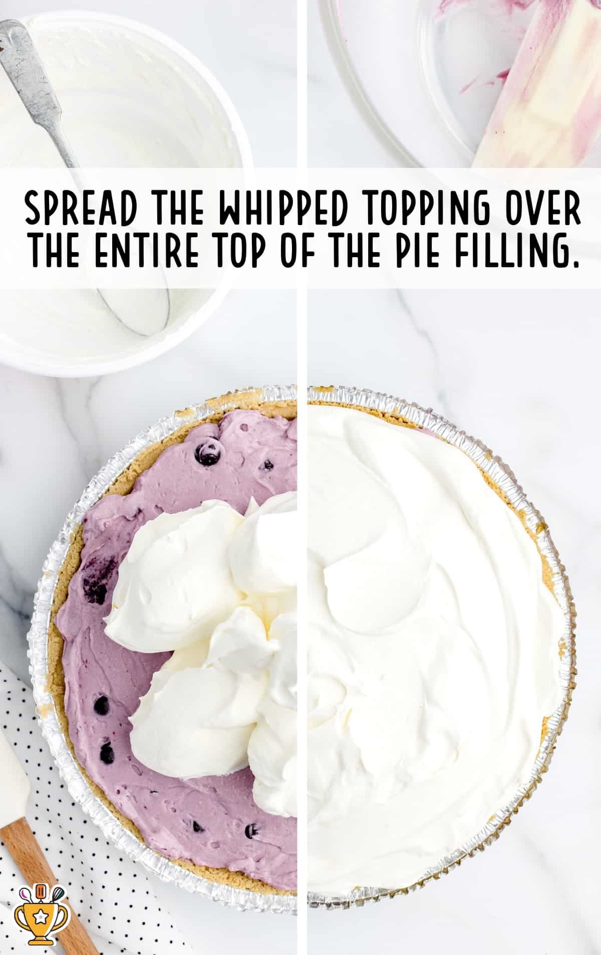 whipped topping spread over the pie filling