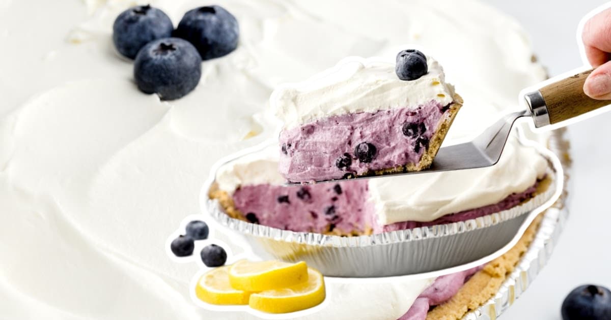 overhead shot of a No Bake Blueberry Pie with slices taken out