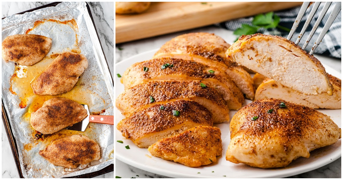 close up shot of a Oven Baked Chicken sliced on a wooden board