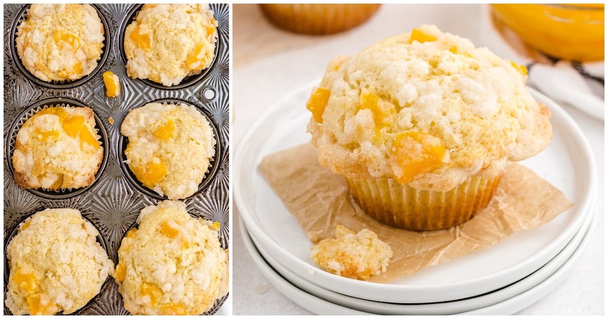 close up shot of peach cobbler muffins in a muffin pan