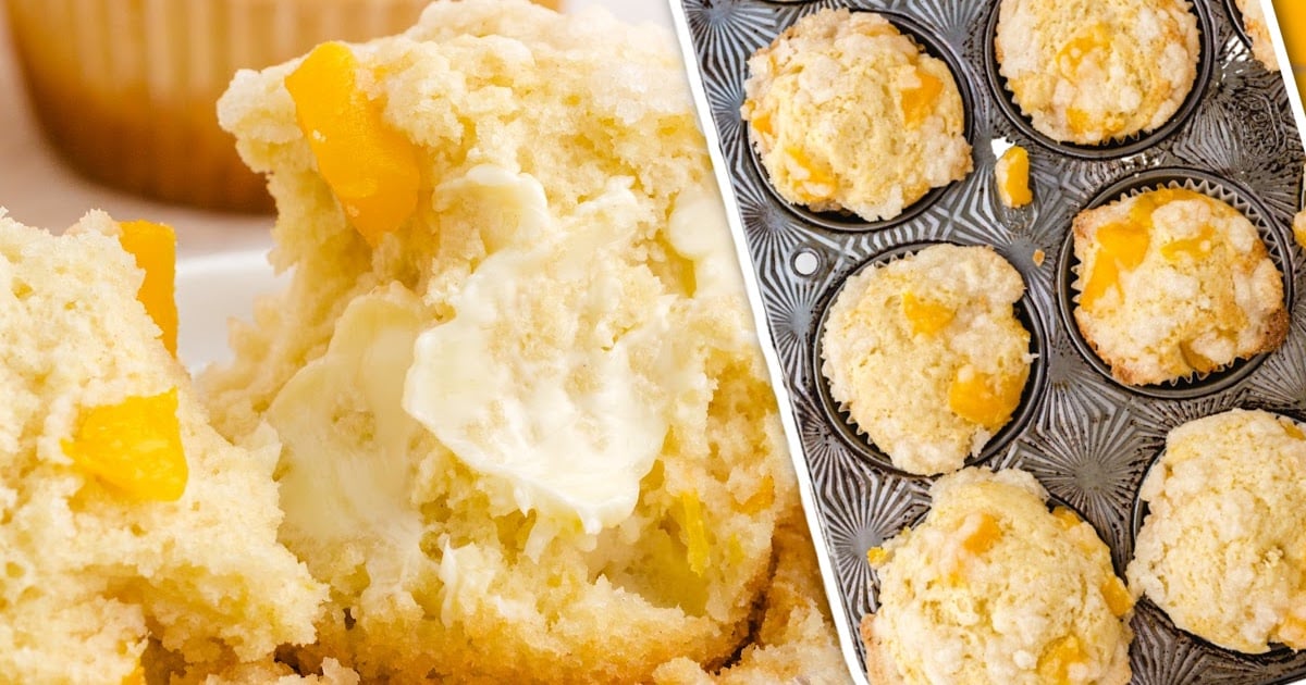 close up shot of peach cobbler muffins in a muffin pan