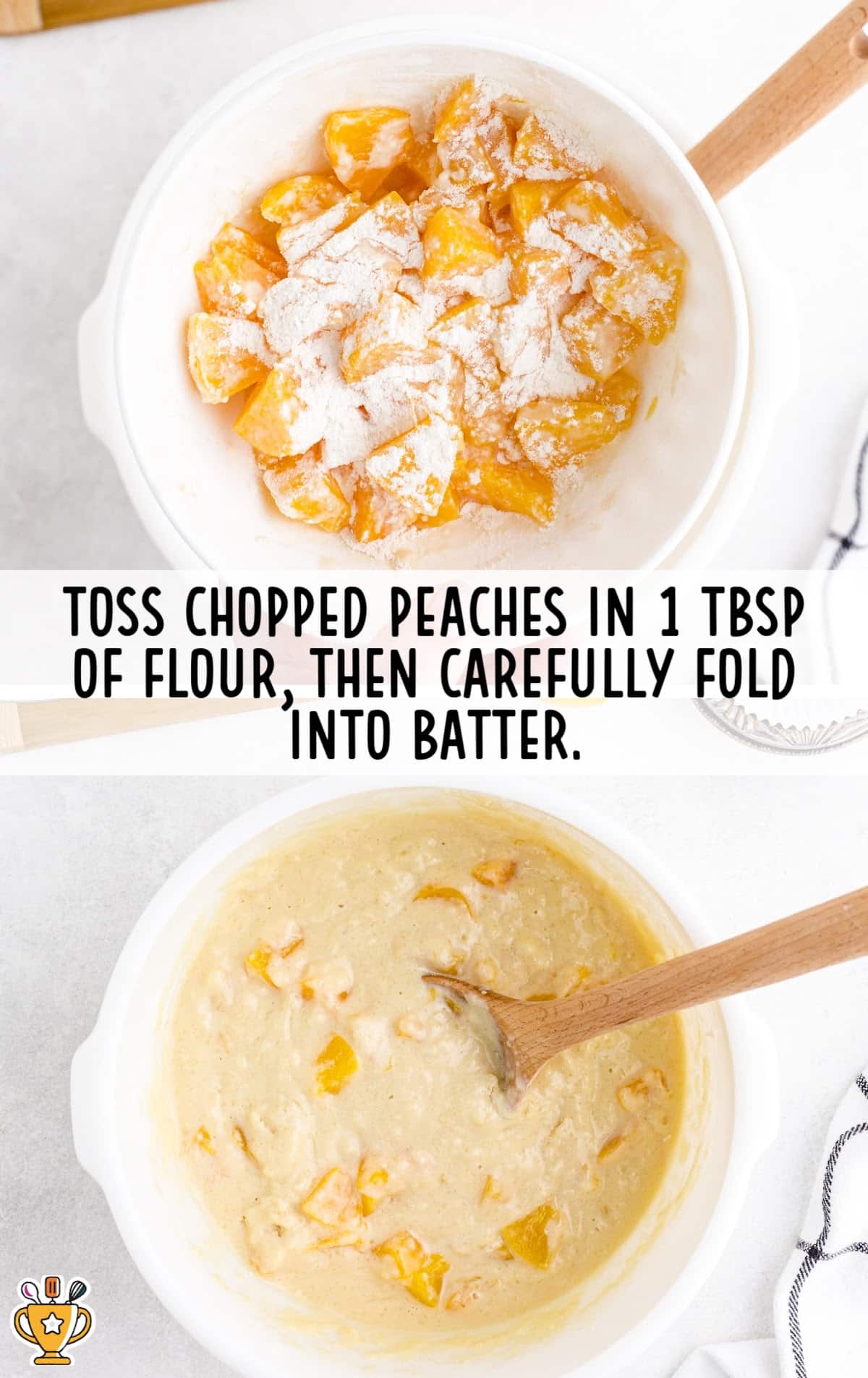 peaches coated in flour and added to batter in a bowl