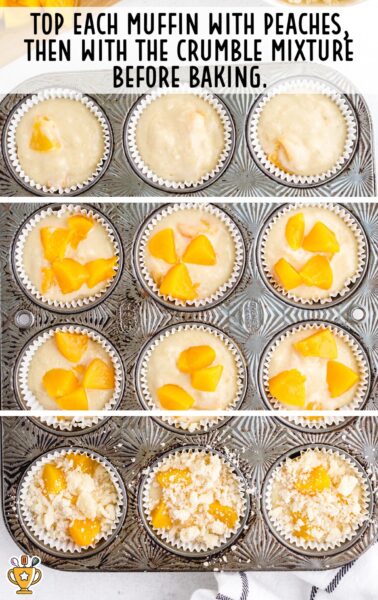 muffin batter topped with peaches and crumble mixture in a muffin pan