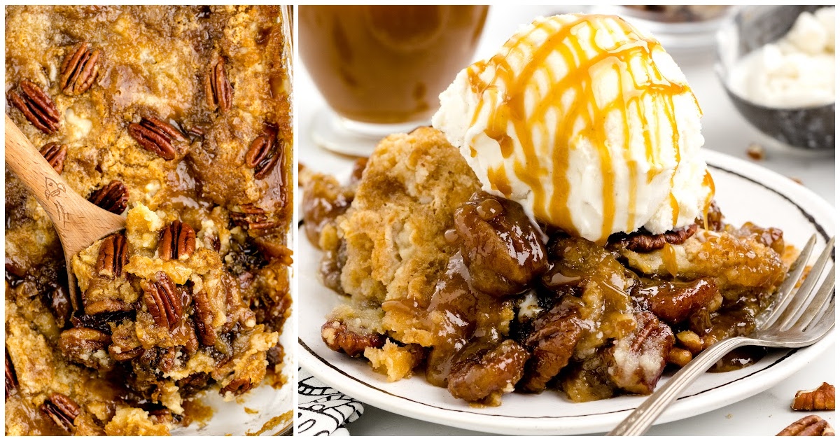 a close up shot of Pecan Dump Cake on a plate topped with ice cream