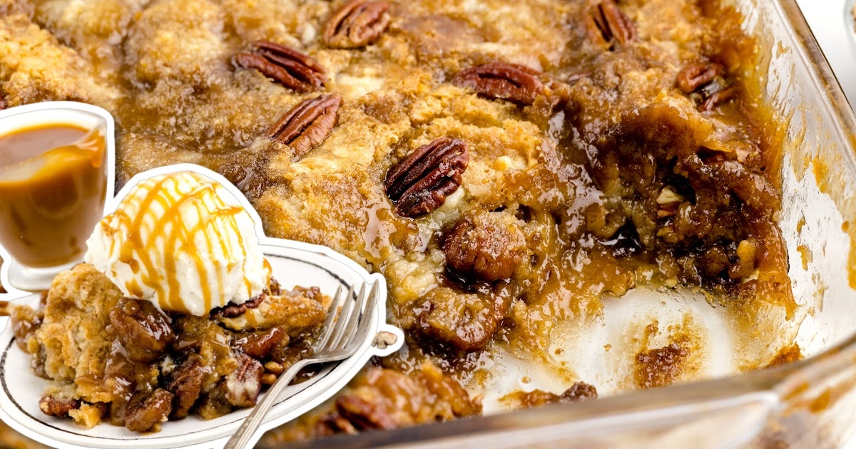 a close up shot of Pecan Dump Cake on a plate topped with ice cream