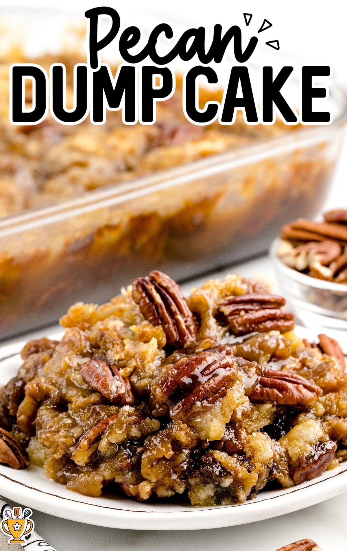 a close up shot of Pecan Dump Cake on a plate topped with ice cream