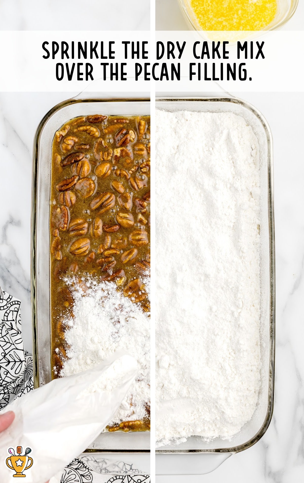 dry cake mix over the pecan filling