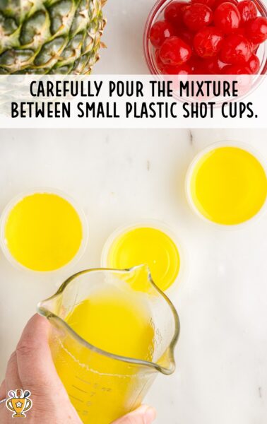 pour mixture between small shot cups