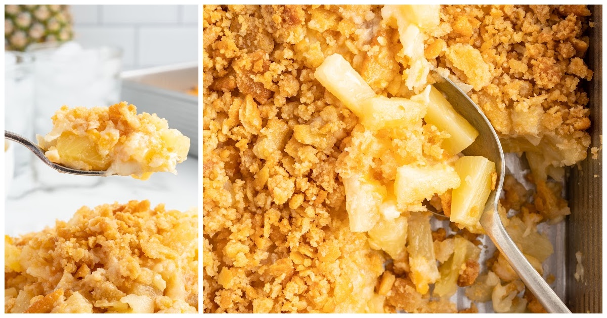 overhead shot of a piece of Pineapple Casserole on a plate