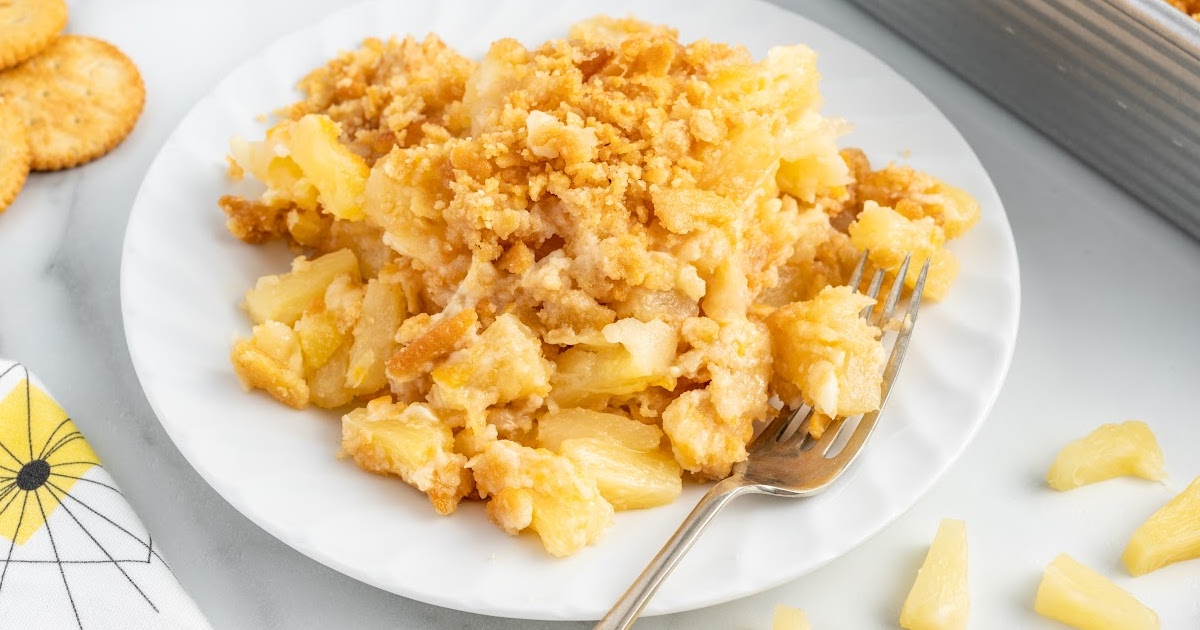 overhead shot of a piece of Pineapple Casserole on a plate