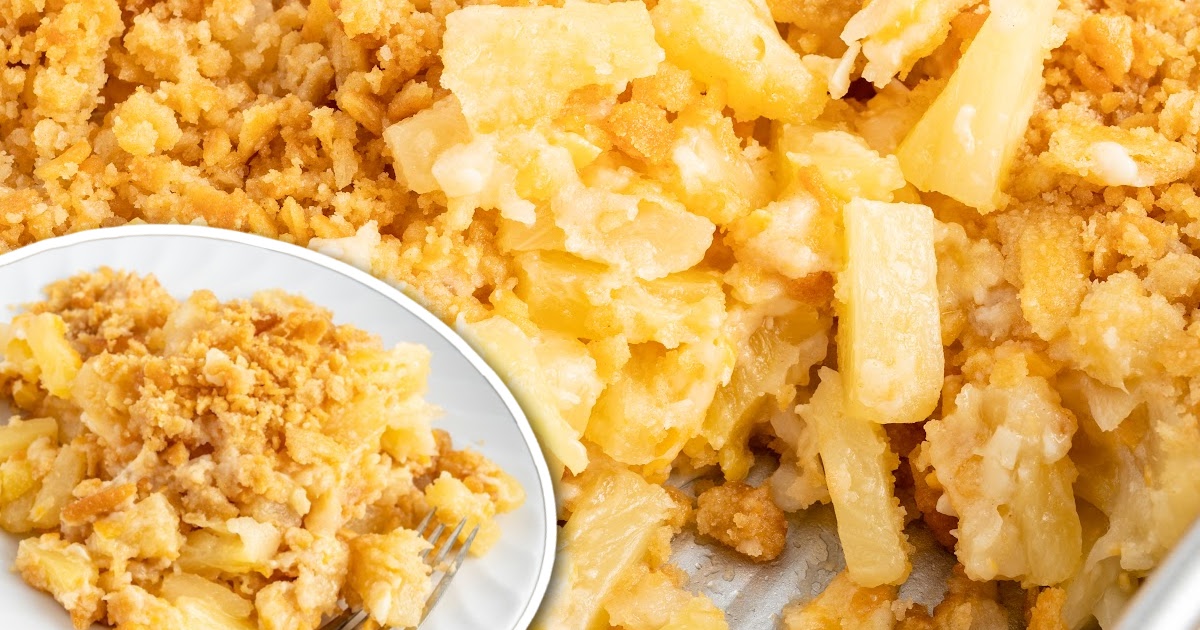 overhead shot of a piece of Pineapple Casserole on a plate