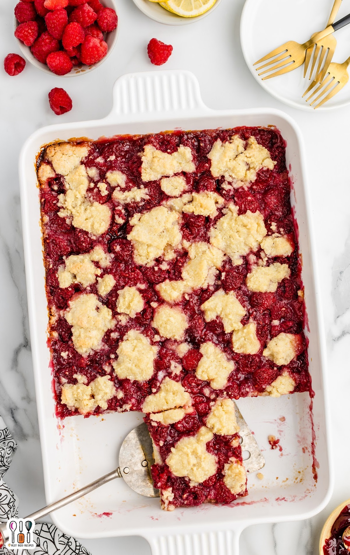 Raspberry Squares in a baking dish