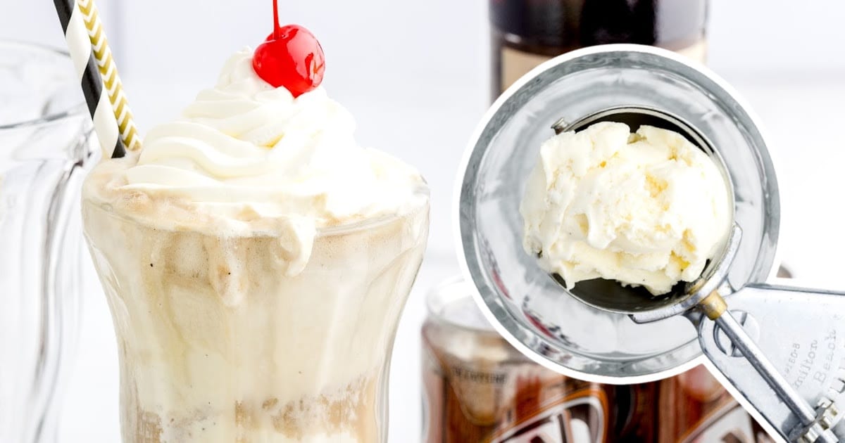 a close up shot of Root Beer Float in a tall glass