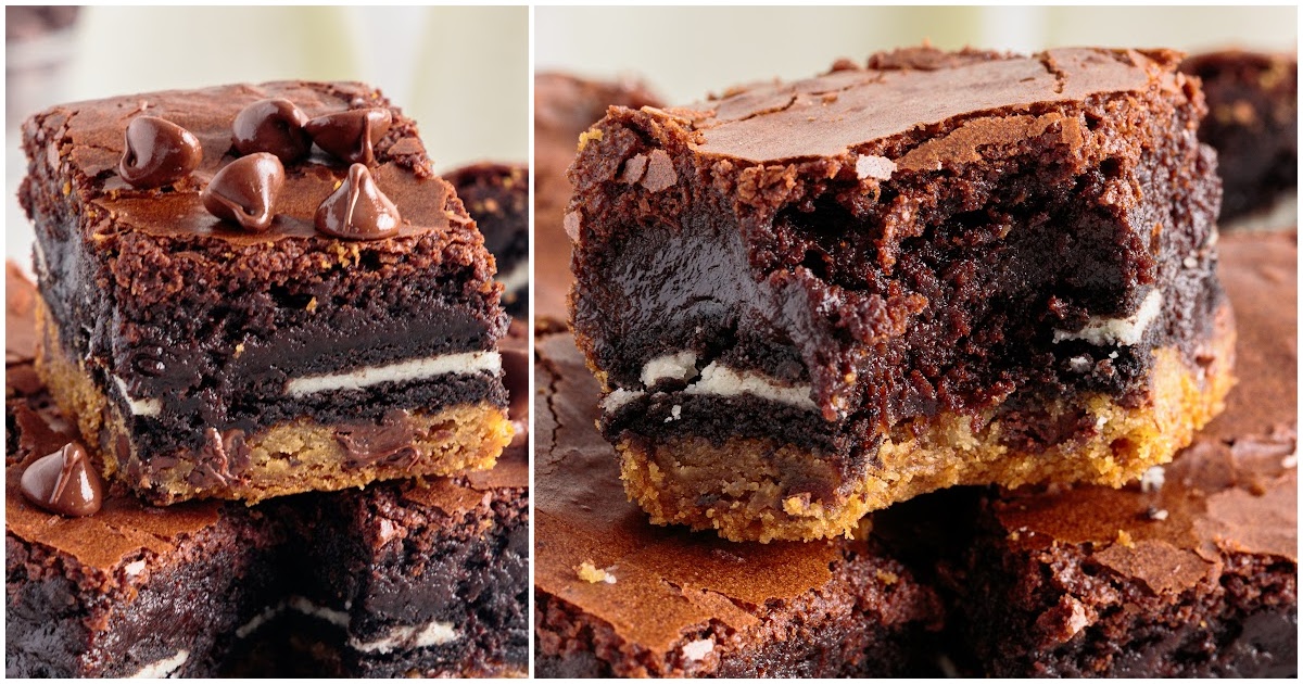 overhead shot of Slutty Brownies on a wooden board