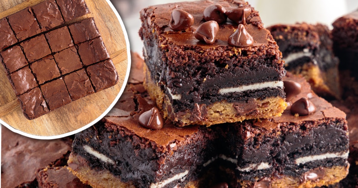 overhead shot of Slutty Brownies on a wooden board