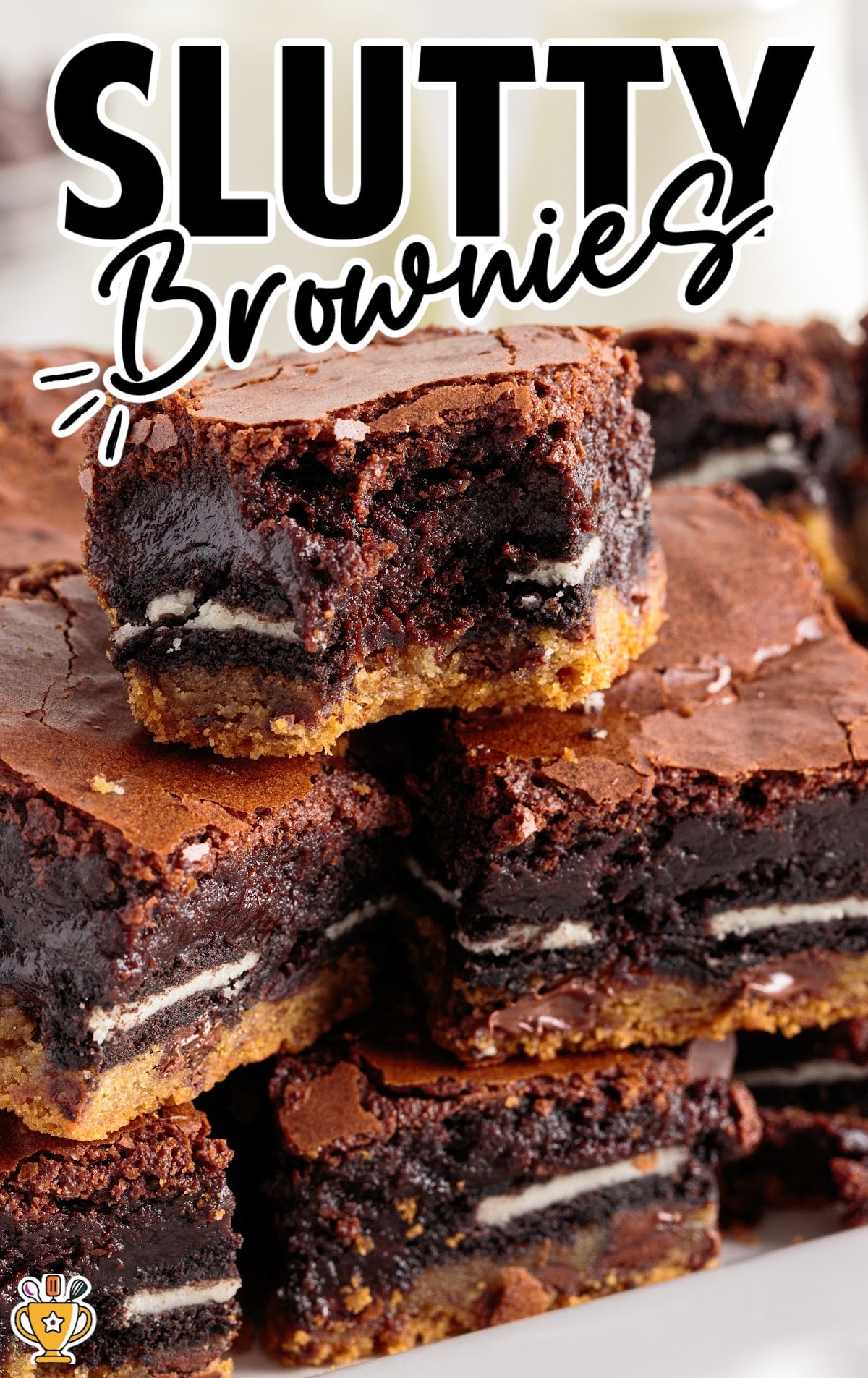 a close up shot of Slutty Brownies stacked on top of each other