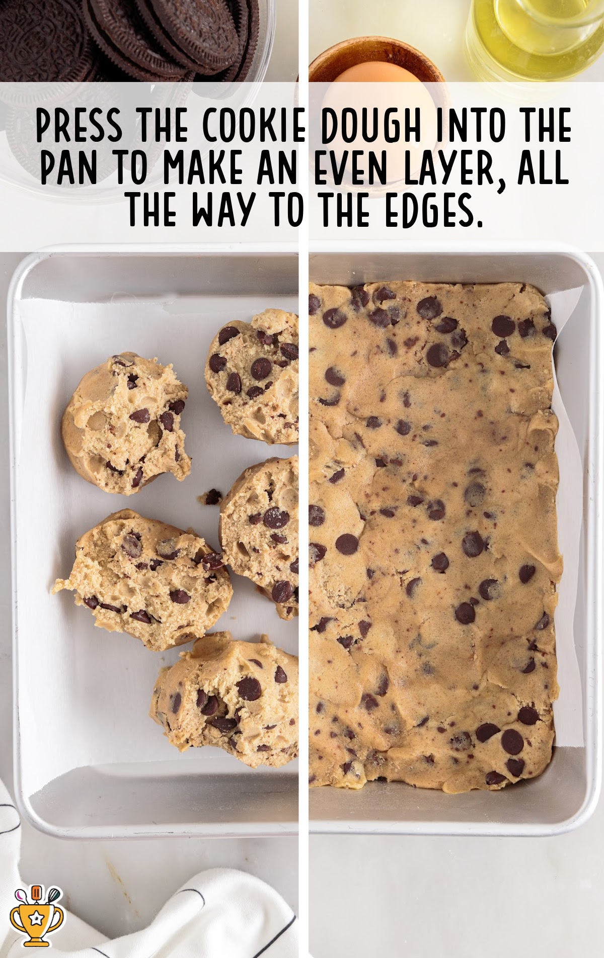 cookie dough pressed into the baking dish