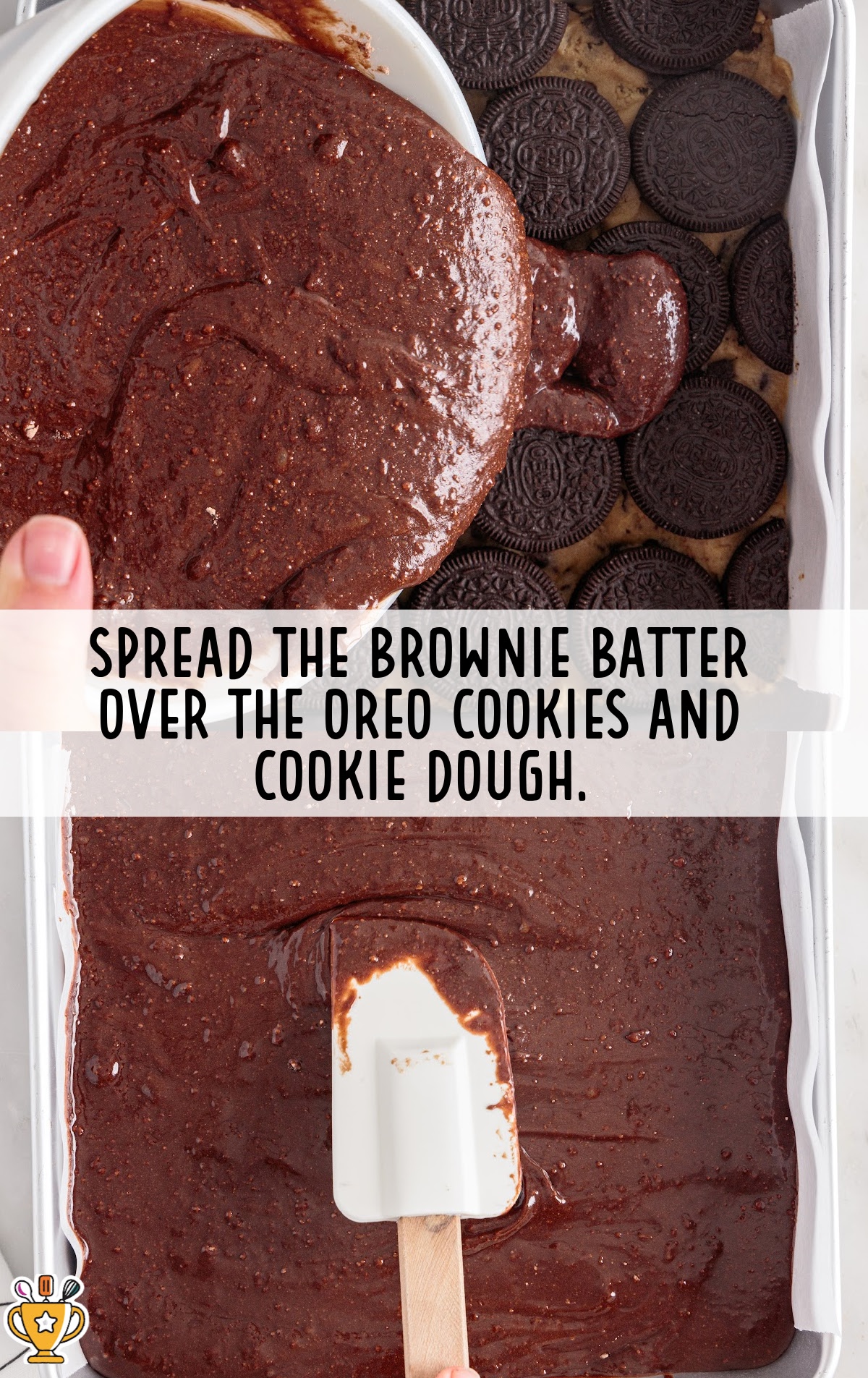 brownie batter spread over the oreo cookies and dough