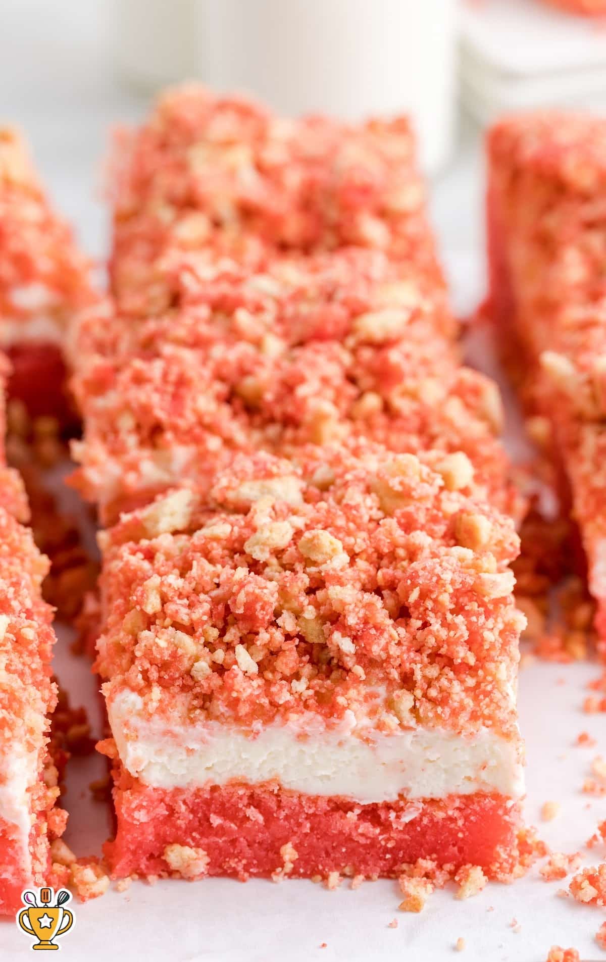 close up shot of Strawberry Brownies stacked on top each other on a serving plate