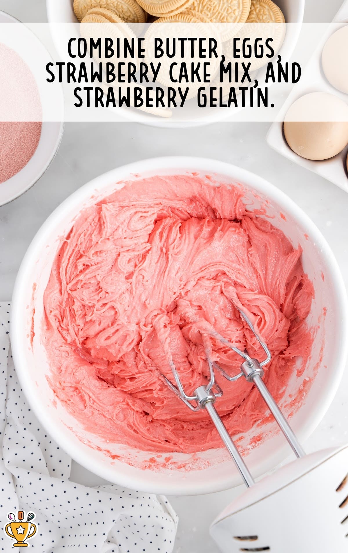 butter, eggs, strawberry cake mix and strawberry gelatin blended together