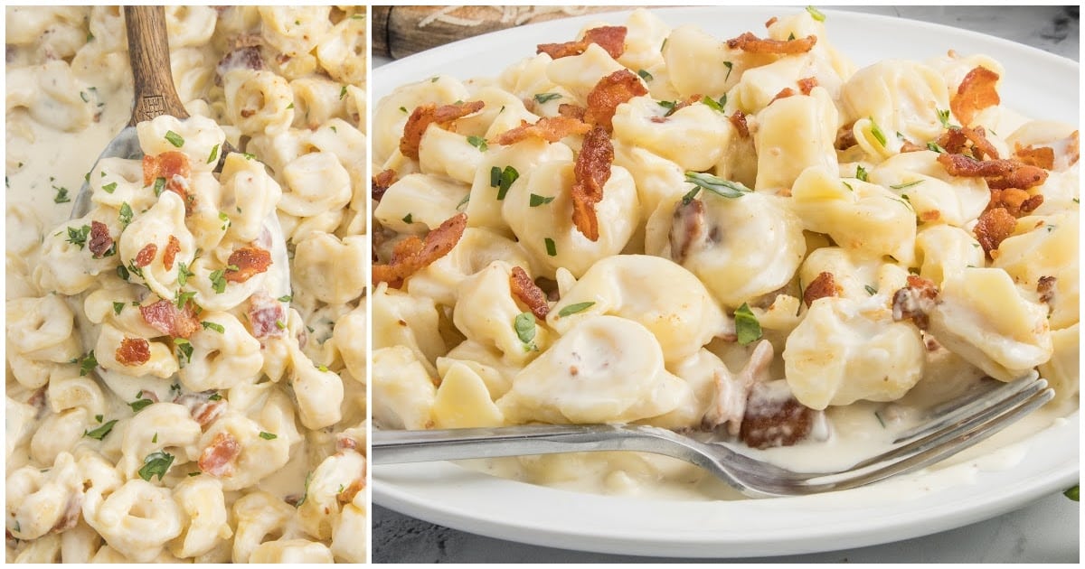 overhead shot of a wooden spoon grabbing a piece of Tortellini Carbonara