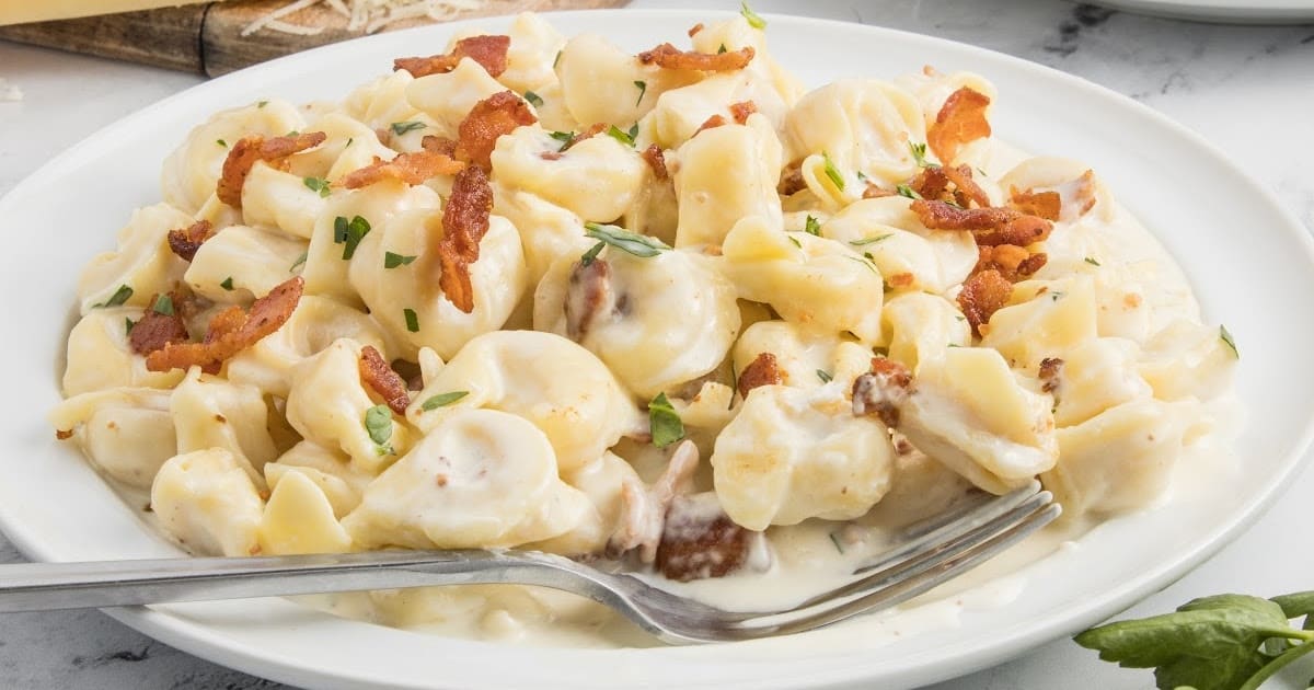 a close up shot of Tortellini Carbonara on a plate