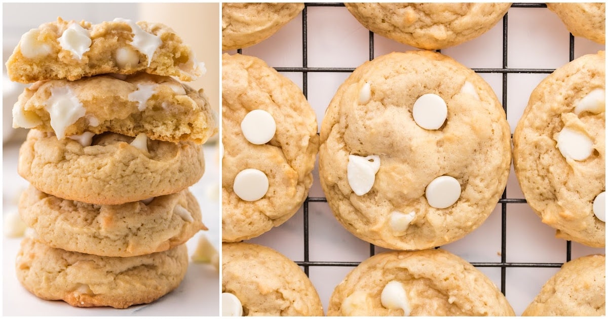 overhead shot of White Chocolate Chip Cookies on a baking sheet with a bowl of white chocolate chips