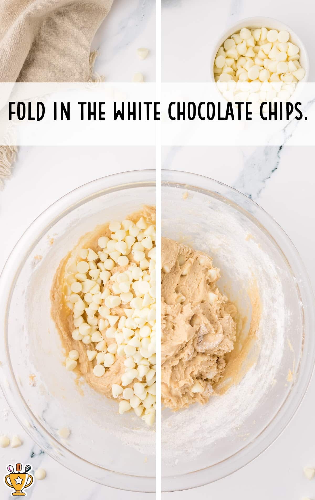 White Chocolate Chip folded into the dough in the bowl
