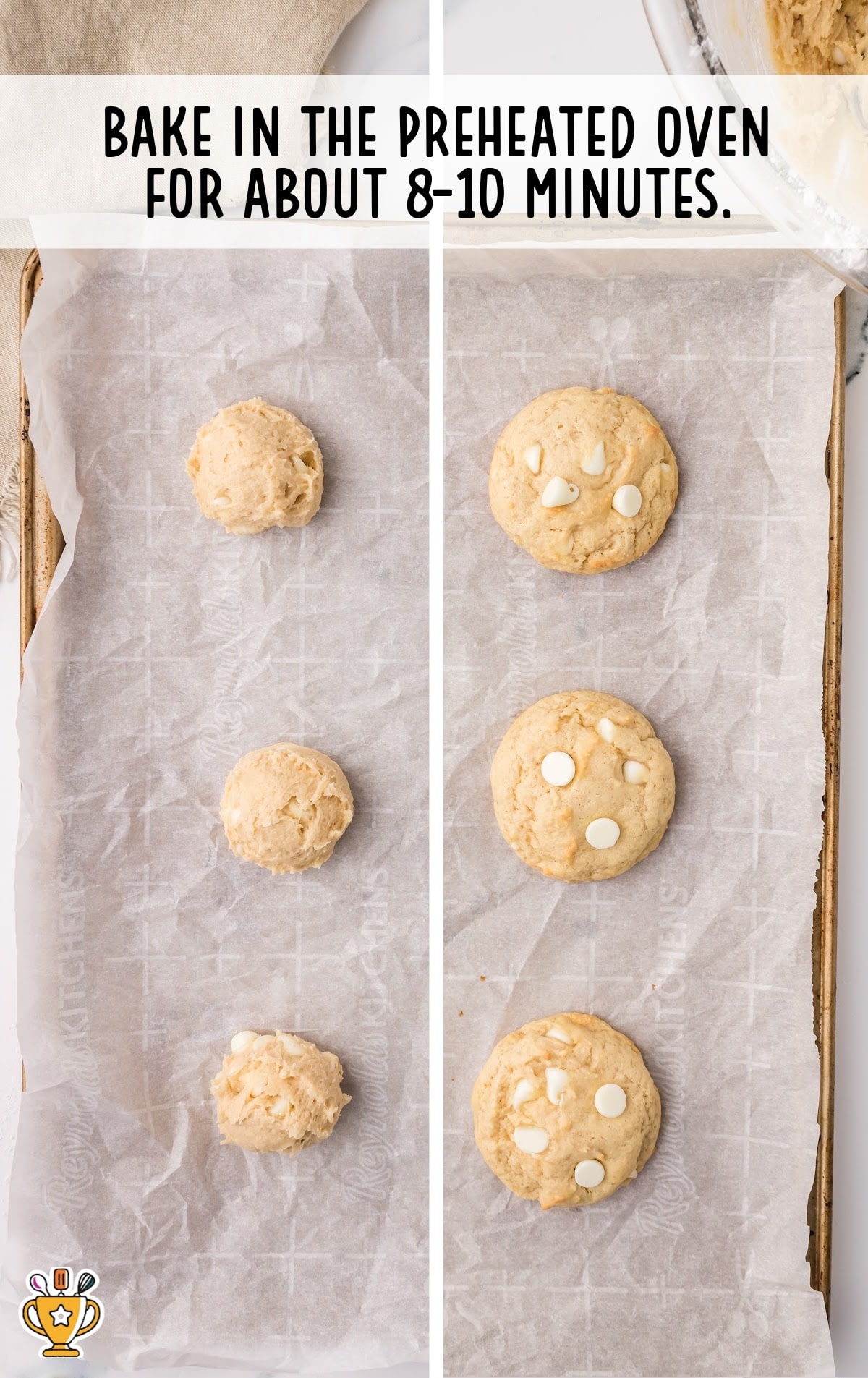 White Chocolate Chip Cookies dough placed on a baking sheet then baked