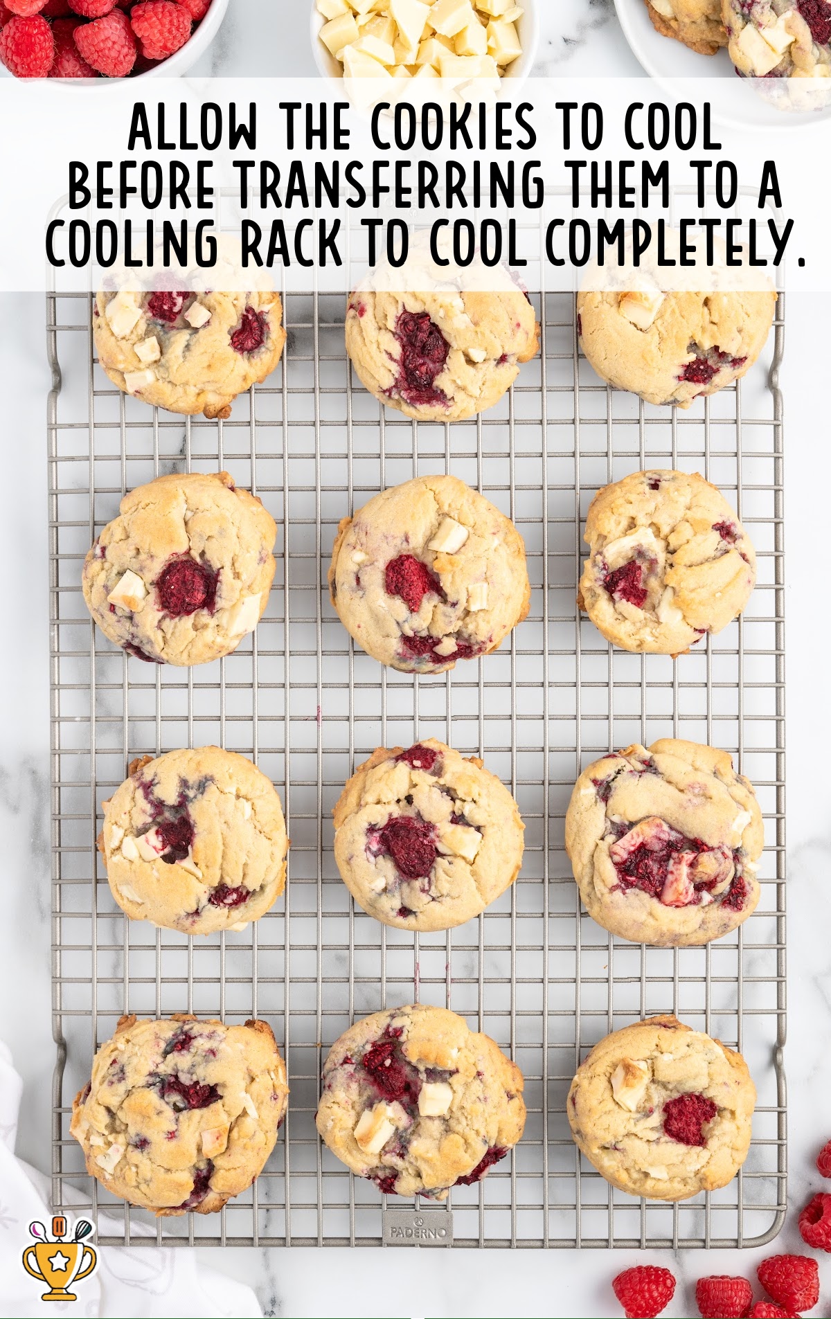 White Chocolate Raspberry Cookies cooling on a cooling rack