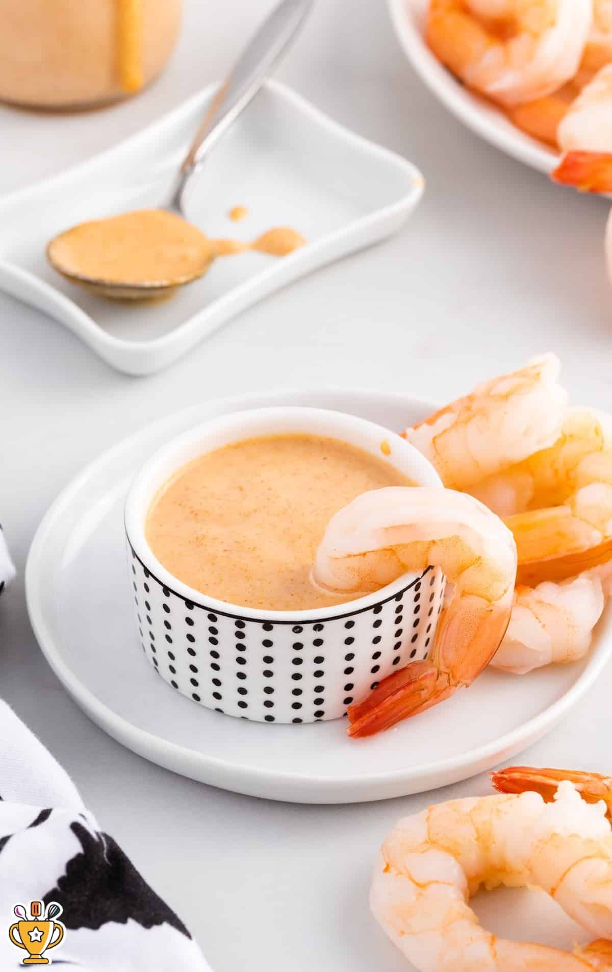 overhead shot of Yum Yum Sauce in a cup with shrimp