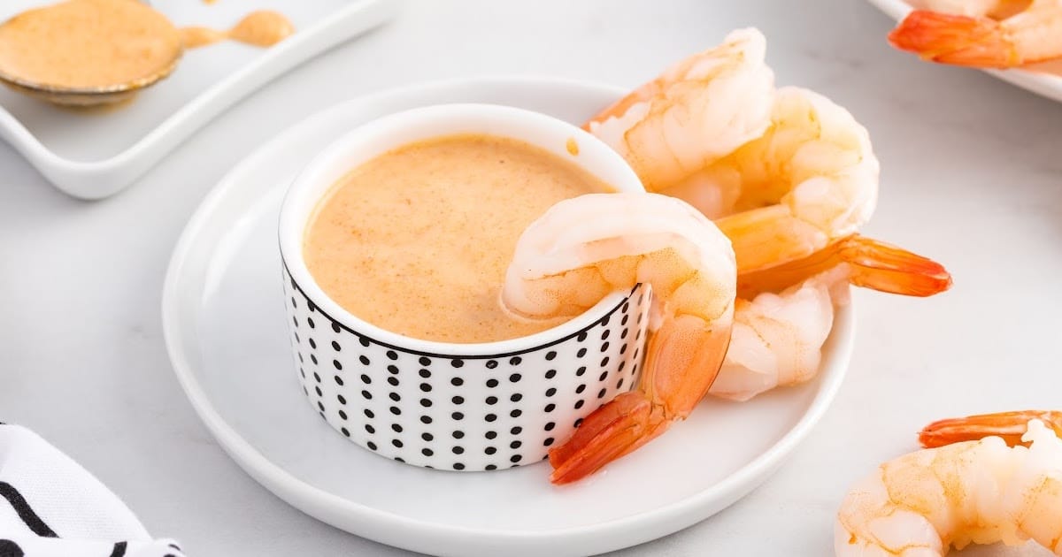 overhead shot of Yum Yum Sauce in a cup with shrimp