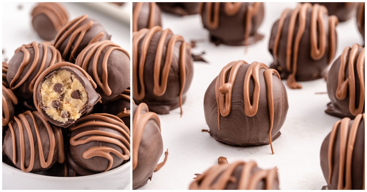 milk chocolate drizzled over the top of each cookie dough truffle on a baking sheet