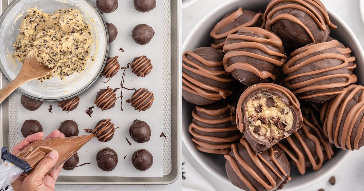 milk chocolate drizzled over the top of each cookie dough truffle on a baking sheet