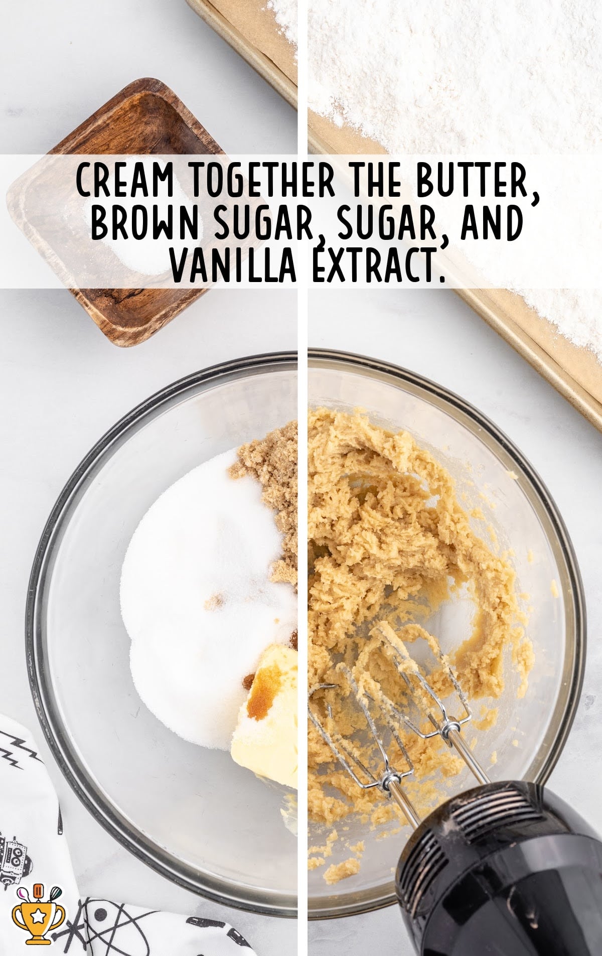 butter, brown sugar, sugar, and vanilla extract blended in a bowl