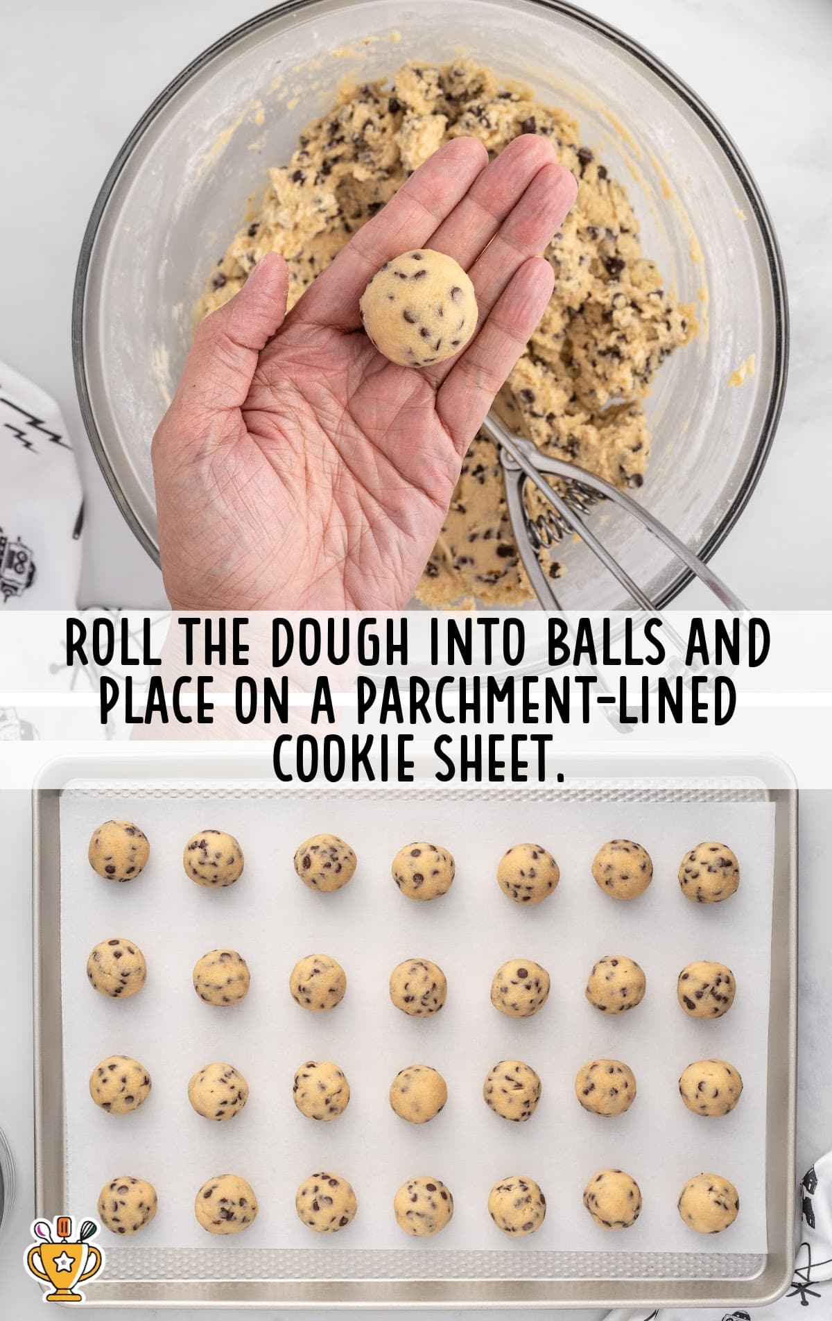 dough rolled into balls and placed on a parchment lined cookie sheet