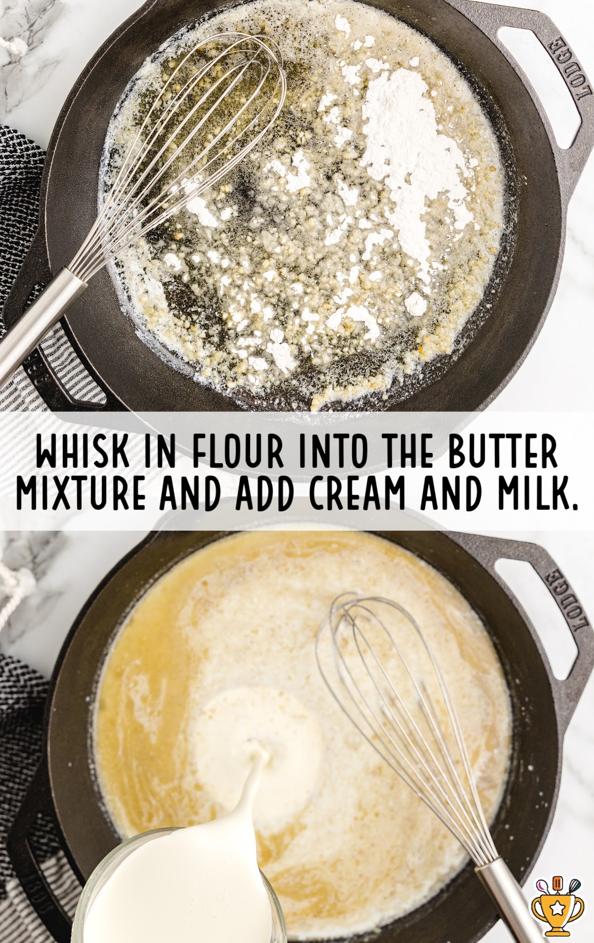 flour sprinkled into the butter mixture and whisk together with cream and milk