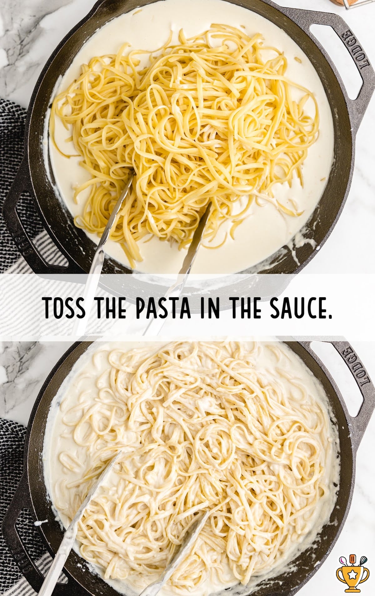 pasta being added to Alfredo sauce in a skillet