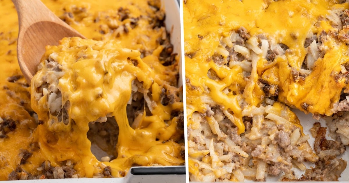 overhead shot of Hamburger Hash Brown Casserole on a plate