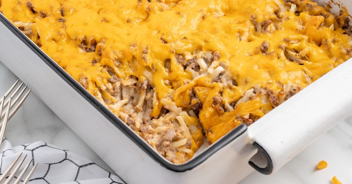 overhead shot of Hamburger Hash Brown Casserole on a plate