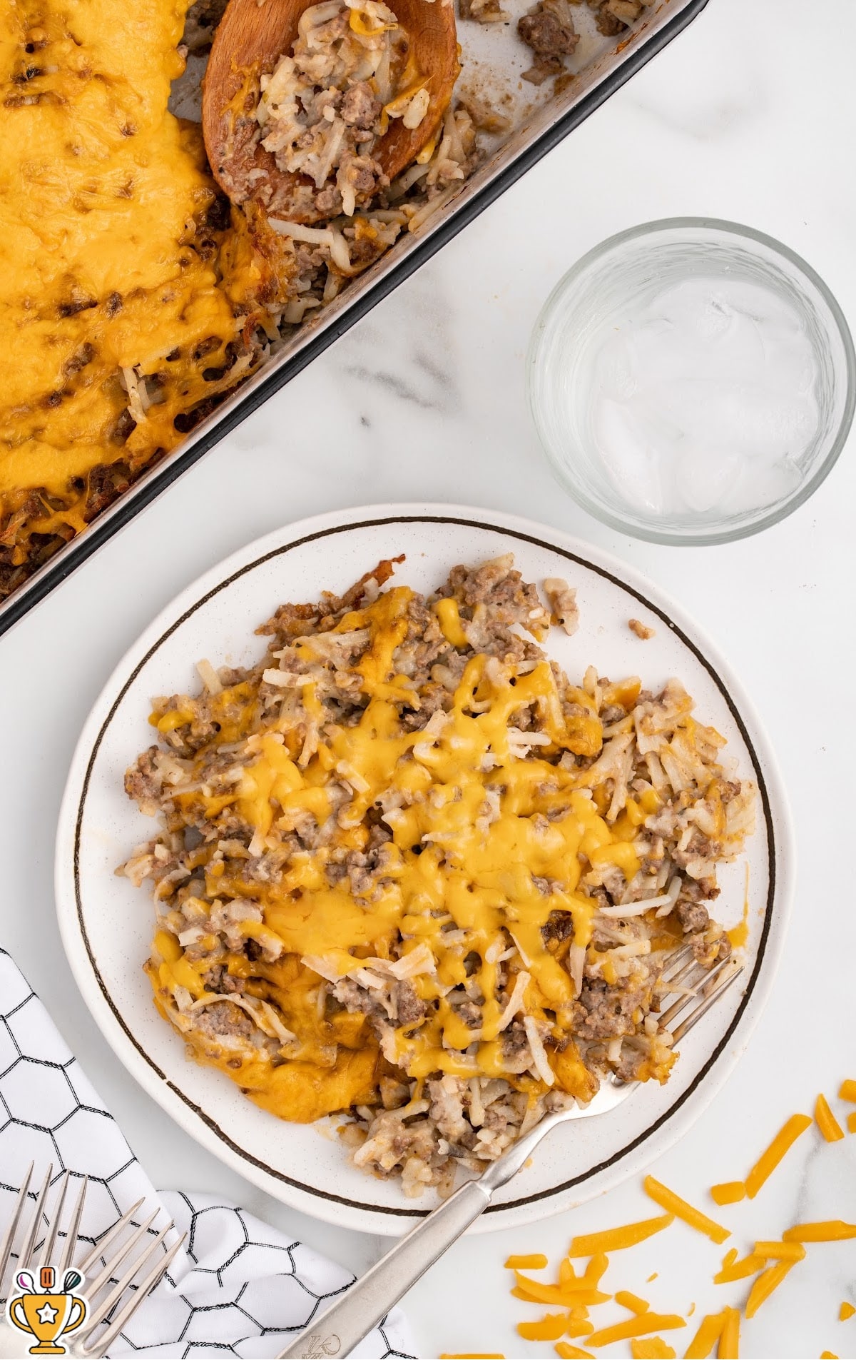 overhead shot of Hamburger Hash Brown Casserole on a plate