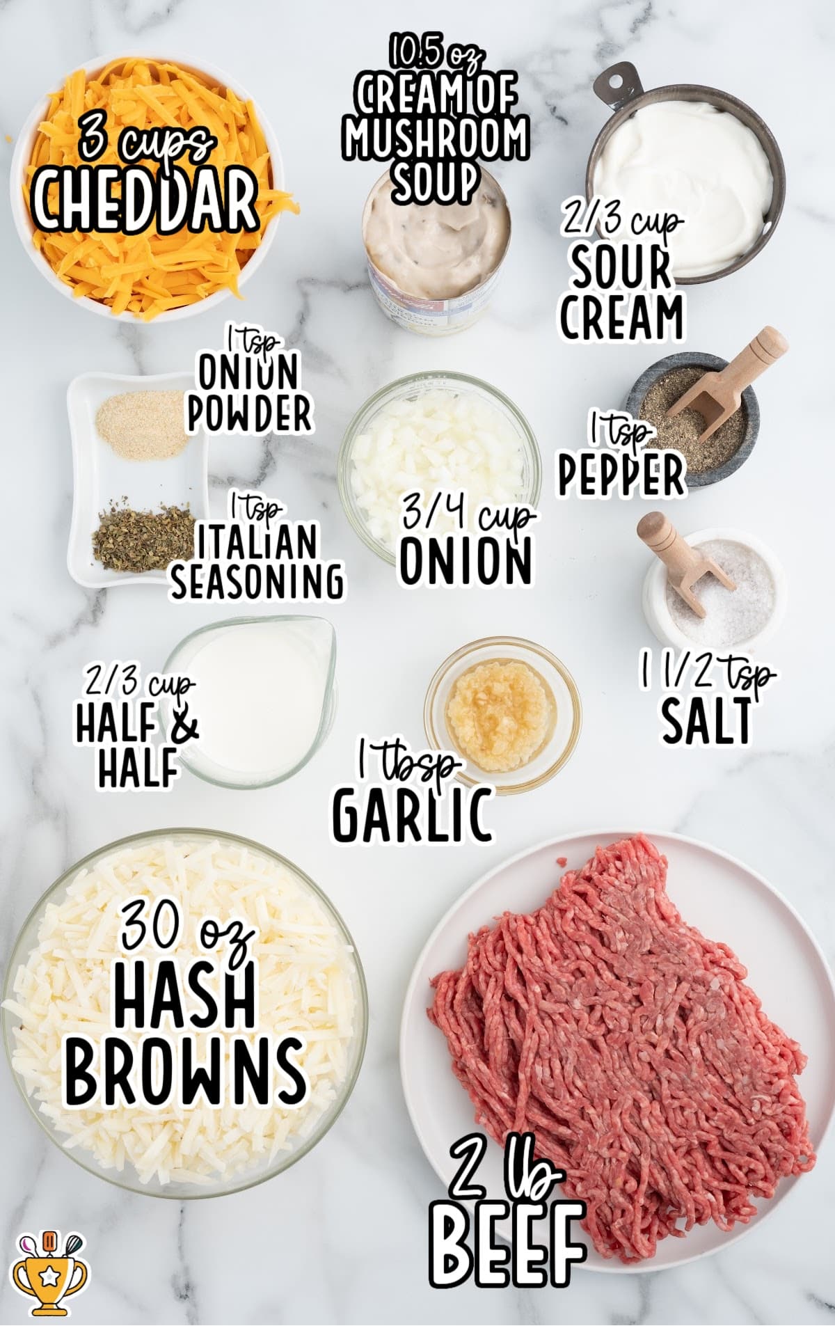 Hamburger Hash Brown Casserole raw ingredients that are labeled